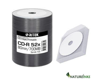 100 Ritek GPL Printable Blank CD CD-R 52x 700MB 80mins discs + 100 CD Sleeves