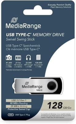 128GB MediaRange USB Type-C 3.2 Gen 1 Flash Drive Swivel Cap Housing Silver OTG