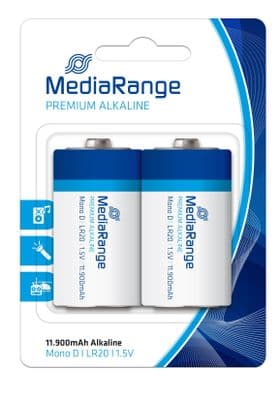 2 Mediarange D Premium Alkaline Batteries 1.5V LR20 MN1300 11,900mAh MORE POWER