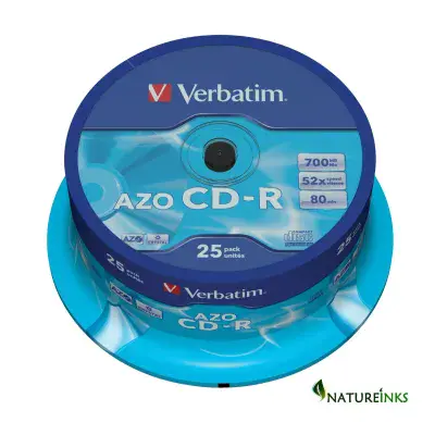 25 Genuine Verbatim AZO CD-R 52x 700MB 80m Blank CD Discs 43352