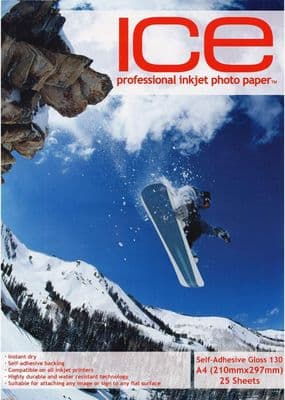 25 Ice 130gsm Glossy Coated A4 Self Adhesive Inkjet Gloss Photo Paper