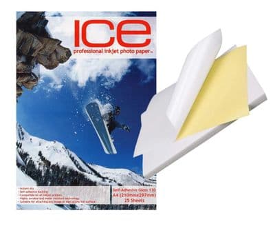 25 Ice 130gsm Glossy Coated A4 Self Adhesive Inkjet Gloss Photo Paper