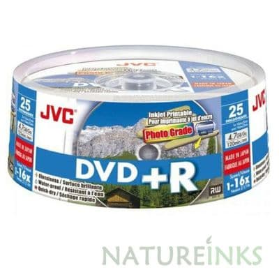 25 JVC Gloss Printable DVD+R 16x 4.7GB 120 mins Blank Discs Taiyo Yuden Waterproof