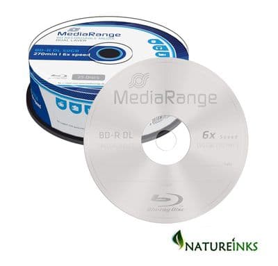 25 Mediarange Blu ray BDR DL Double Layer 50GB 270min 6x cakebox MR508