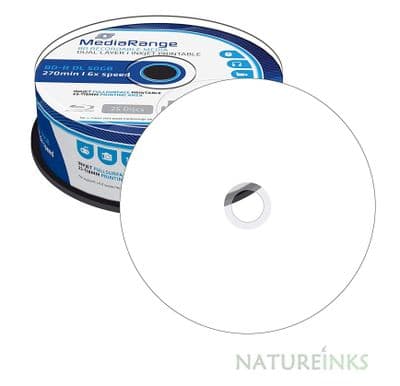 25 Mediarange Bluray BDR BD-R DL Double Layer 50GB 270 min Printable 6x cakebox MR510