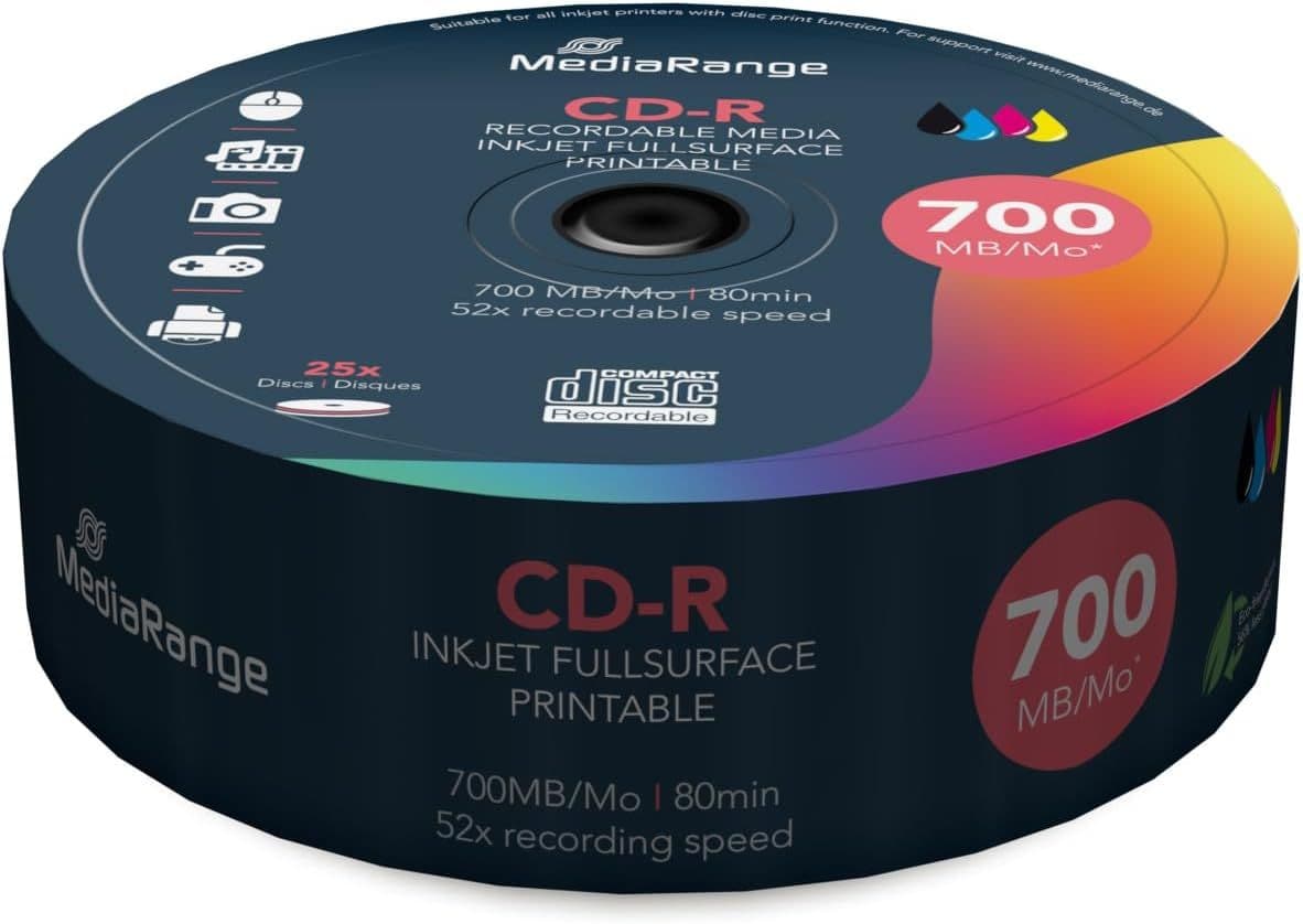 25 MediaRange Full Face White Inkjet Printable CD-R 52x 700MB MR202 S/W