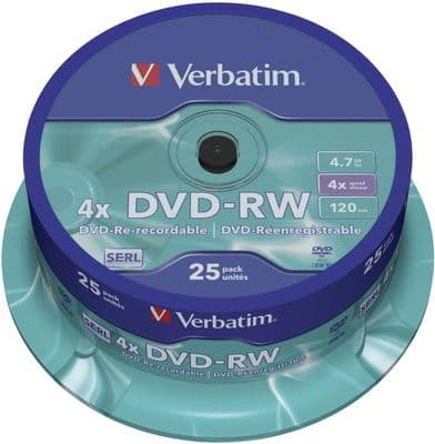 25 Verbatim Blank DVD-RW Rewritable 4X 120 mins DVD SERL Discs Spindle 43639