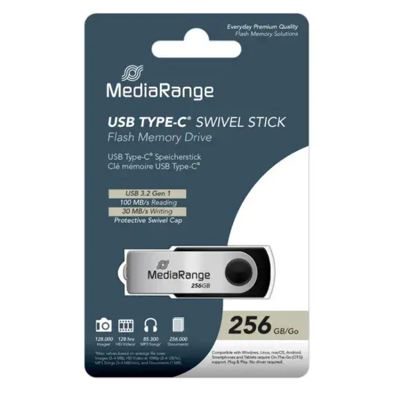 256GB MediaRange USB Type-C 3.2 Gen 1 Flash Drive Swivel Cap Housing Silver OTG