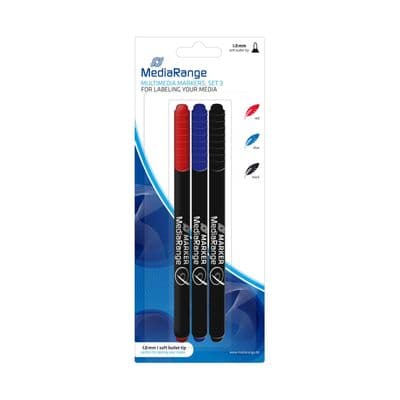 3 MediaRange CD DVD Permanent Marker Pen Set Blue Red Black MR701 0.7mm fine tip
