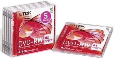 5 Genuine TDK Blank DVD-RW discs 2x - 6x 4.7GB 120 mins Rewritable Jewel Case