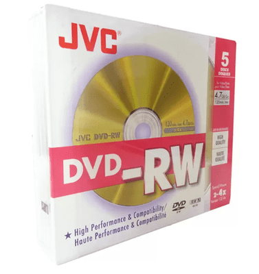 5 JVC Blank DVD-RW discs 2x - 4x 4.7GB 120 mins Rewritable JEWEL CASE JAPAN