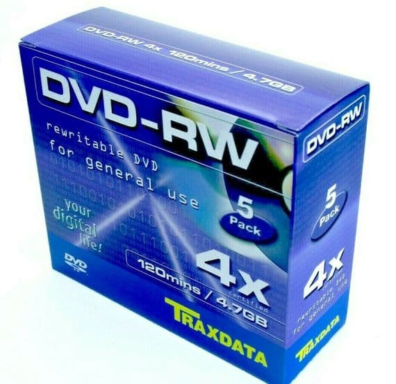 5 Traxdata Blank DVD-RW discs 4x 4.7GB 120 mins Rewritable Jewel Case