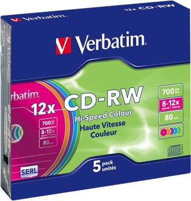 5 Verbatim 43167 CD-RW Hi Speed Colour 80 Mins 700MB 8x - 12x in Jewel case SERL