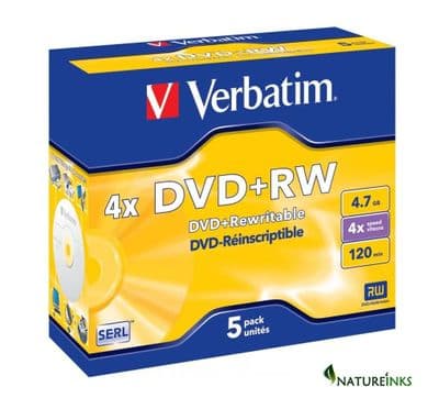 5 Verbatim 43229 Blank DVD+RW Rewritable 4X 120 mins DVD SERL Discs Jewel case