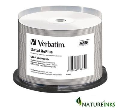 50 Genuine  Verbatim CD-R 80MIN 700MB 52X DataLifePlus White Inkjet 43745