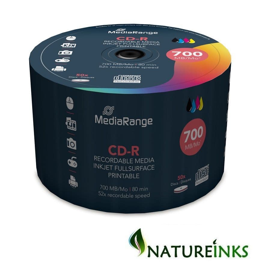 CD-R 700MB|80min 52-voudige schrijfsnelheid, volledig bedrukbaar ( inkjetprinter), zwarte schrijfpagina, 25-delige cakebox CD-R 700MB|80min 52-voudige schrijfsnelheid, volledig bedrukbaar ( inkjetprinter), zwarte schrijfpagina, 25-delige cakebox