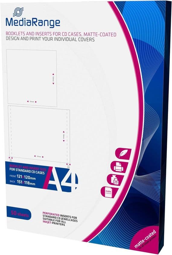 50 Mediarange Standard CD Jewel case inserts Matt A4 Paper fits 10.4mm spine MRINK120