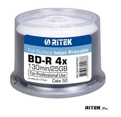 50 Ritek Full Face White Inkjet Printable Bluray BD R 4x 25GB