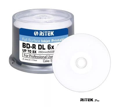 50 RITEK PRO INKJET Printable Blank BDR BD-R Blu Ray DL 6x - 8x 50GB 260M discs