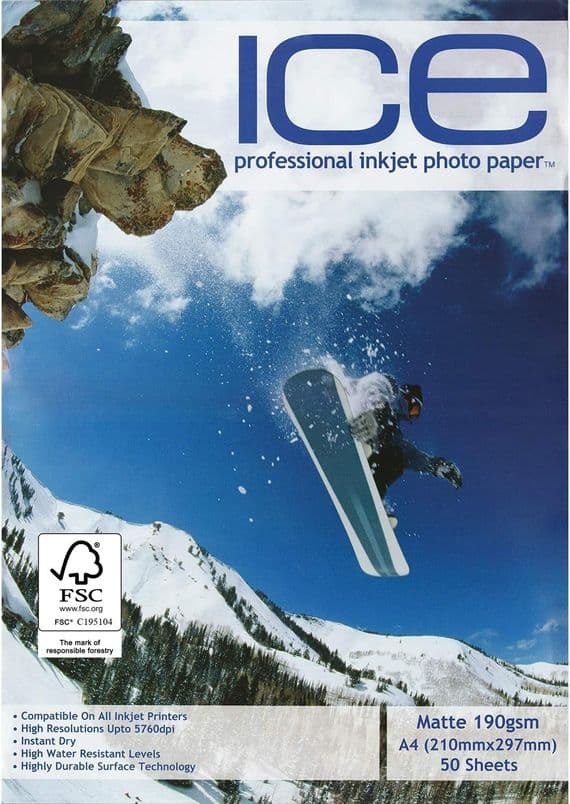 50 Sheet ICE 190 gsm Matt A4 Single Sided matte coated Professional PHOTO paper