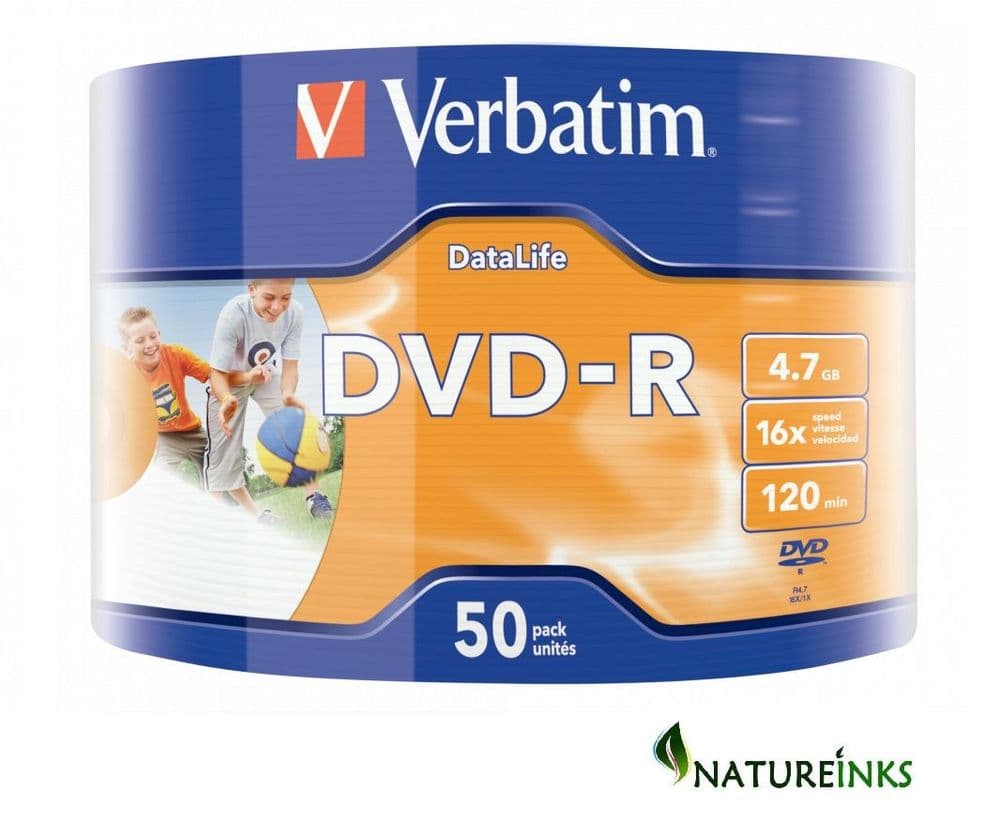 50 Verbatim 43793 Blank DVD-R 16x 4 7GB Datalife DVD Printable Discs ...