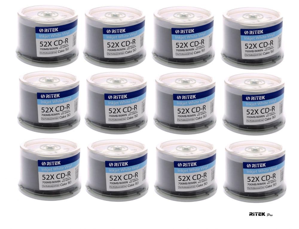 600 Ritek Black Bottom Vinyl CD-R 52x 700MB blank discs White Printable ...