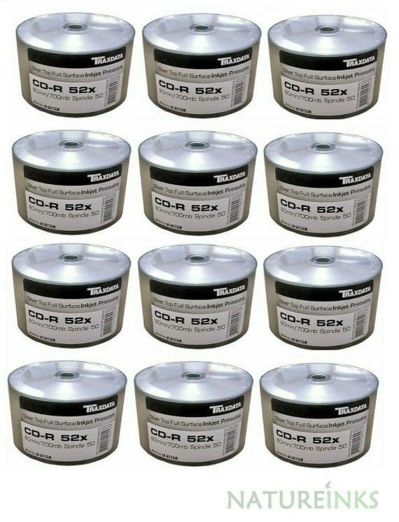 600 Traxdata Full Face SILVER Inkjet Printable CD-R 52x 700MB