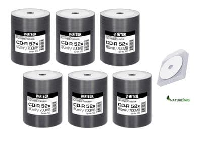 BUNDLE ! - 600 Ritek GPL Full Face White Inkjet Printable CD-R 52x 700MB + 6 x  Clear Sleeves