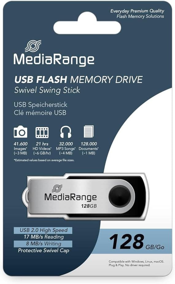 MediaRange Swivel Flash Drive Thumb Pen drive Stick 128GB USB 2.0 MR913 17MB/s