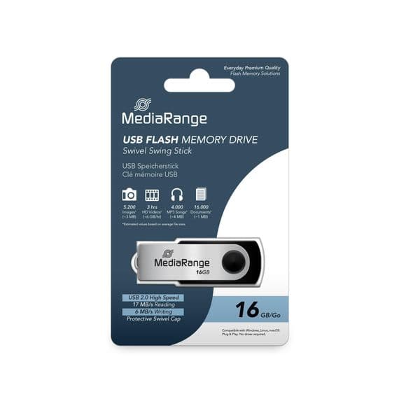 MediaRange Swivel USB Flash Drive Pendrive Stick 16GB USB 2.0 MR910 17MB/s