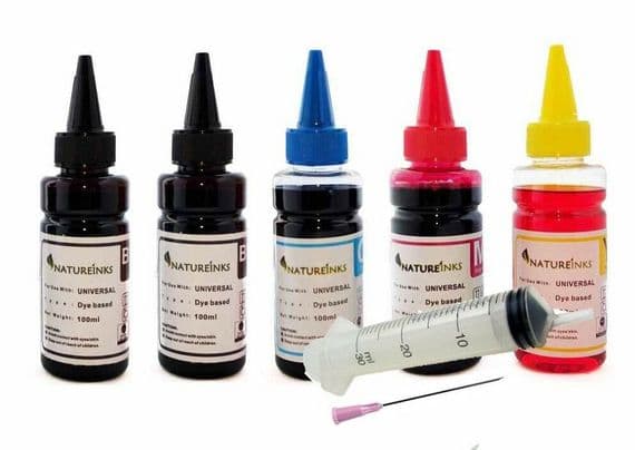 Natureinks 5 refill Black Cyan Magenta Yellow Bottles Set 500ml With 4x 30ml Syringes