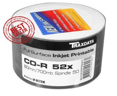 PRICE DROP ! 50 Traxdata Ritek Full Face White Inkjet Printable Blank CD-R 52x 700MB