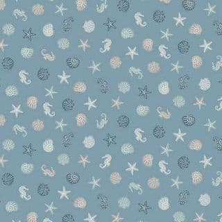9529 - Driftwood - Sea Life - Beige Shells Starfish Seahorse on Blue - 175_B - Cotton Fabric