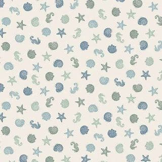 9531 - Driftwood - Sea Life - Blue Shells Starfish Seahorse on Cream - 175_Q - Cotton Fabric