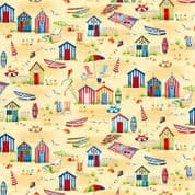Beside the Sea 7505 - Makower 2341 - Beach Huts and Dunes on Sand Yellow Cotton Fabric