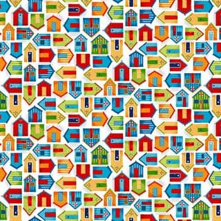 Beside the Sea 7512 - Makower 2345.W - Beach Huts on White Cotton Fabric