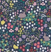 Bunny Hop - 7530 - Lewis & Irene A530.3 - Bunny Chick Floral on Dark Blue Cotton Fabric