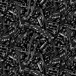 CW-A024 - Music Notes Swirl on Black - Cotton Fabric