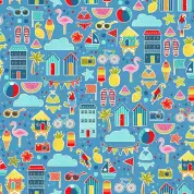 CW-E018 - Makower UK - Pool Party Montage on Blue - 2438_B - Cotton Fabric