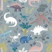 Dino Glow - 8388 - Dinosaur Landscape on Grey - Lewis & Irene A671.2 - Cotton Fabric