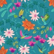 Hibiscus Hummingbird - 8267 - Hummingbird Floral on Blue - Lewis & Irene A593.2 - Cotton Fabric