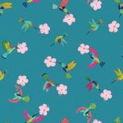 Hibiscus Hummingbird - 8280 - Hummingbird on Tropical Blue - Lewis & Irene A597.3 - Cotton Fabric