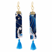 Japanese Floral Fabric Tassel Earrings - 18K Gold Plated Hooks - Blue