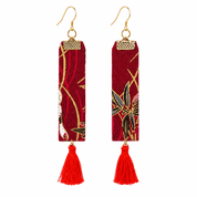 Japanese Floral Fabric Tassel Earrings - 18K Gold Plated Hooks - Dark Red