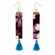 Japanese Floral Fabric Tassel Earrings - 18K Gold Plated Hooks - Purple