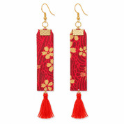 Japanese Floral Fabric Tassel Earrings - 18K Gold Plated Hooks - Red