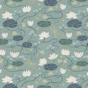 Jardin de Lis - 7388 - A486.2 Gold Lilies on Dark Duckegg - Lewis & Irene Cotton Fabric