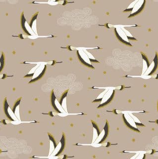 Jardin de Lis - 7393 - A488.1 Metallic Flying Heron on Beige - Lewis & Irene Cotton Fabric