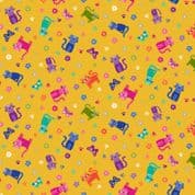 Katie's Cats 7478 - Makower 2349.Y - Small Cats on Yellow Cotton Fabric