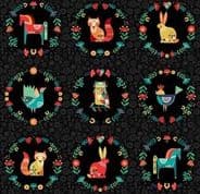 Makower Folk Friends - 7340 - Panel on Black 2308.X - Cotton Fabric